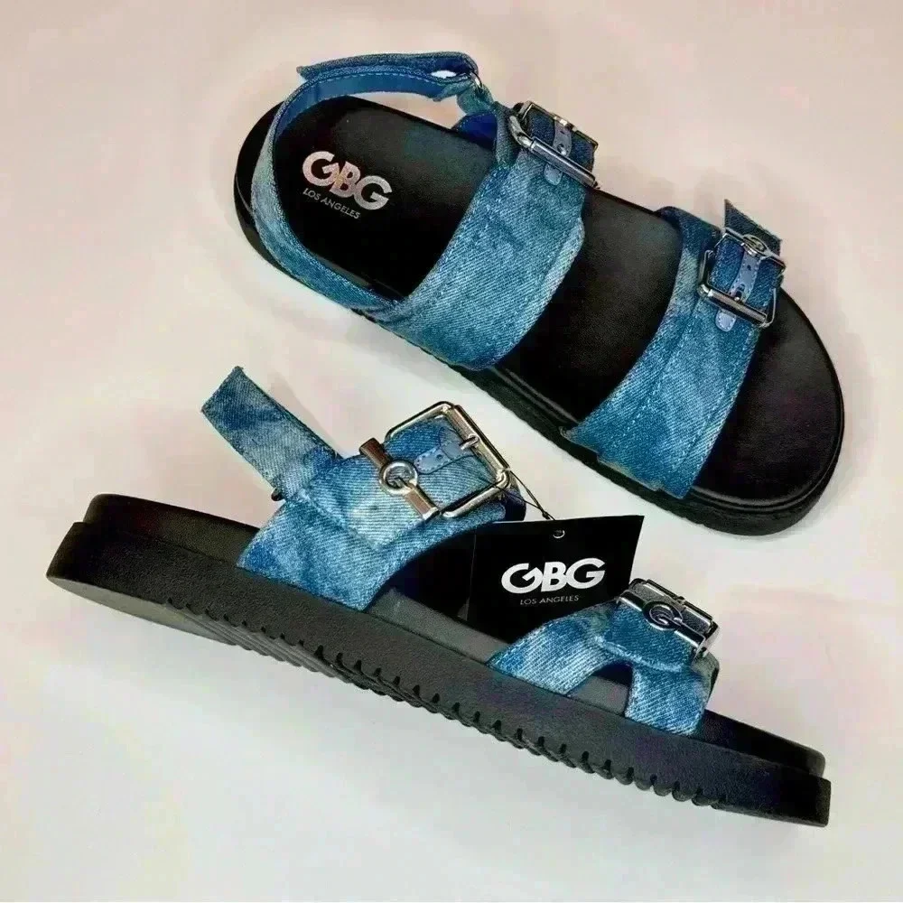 G by Guess Women’s Double Buckle Chunky Denim Sandals Size 8